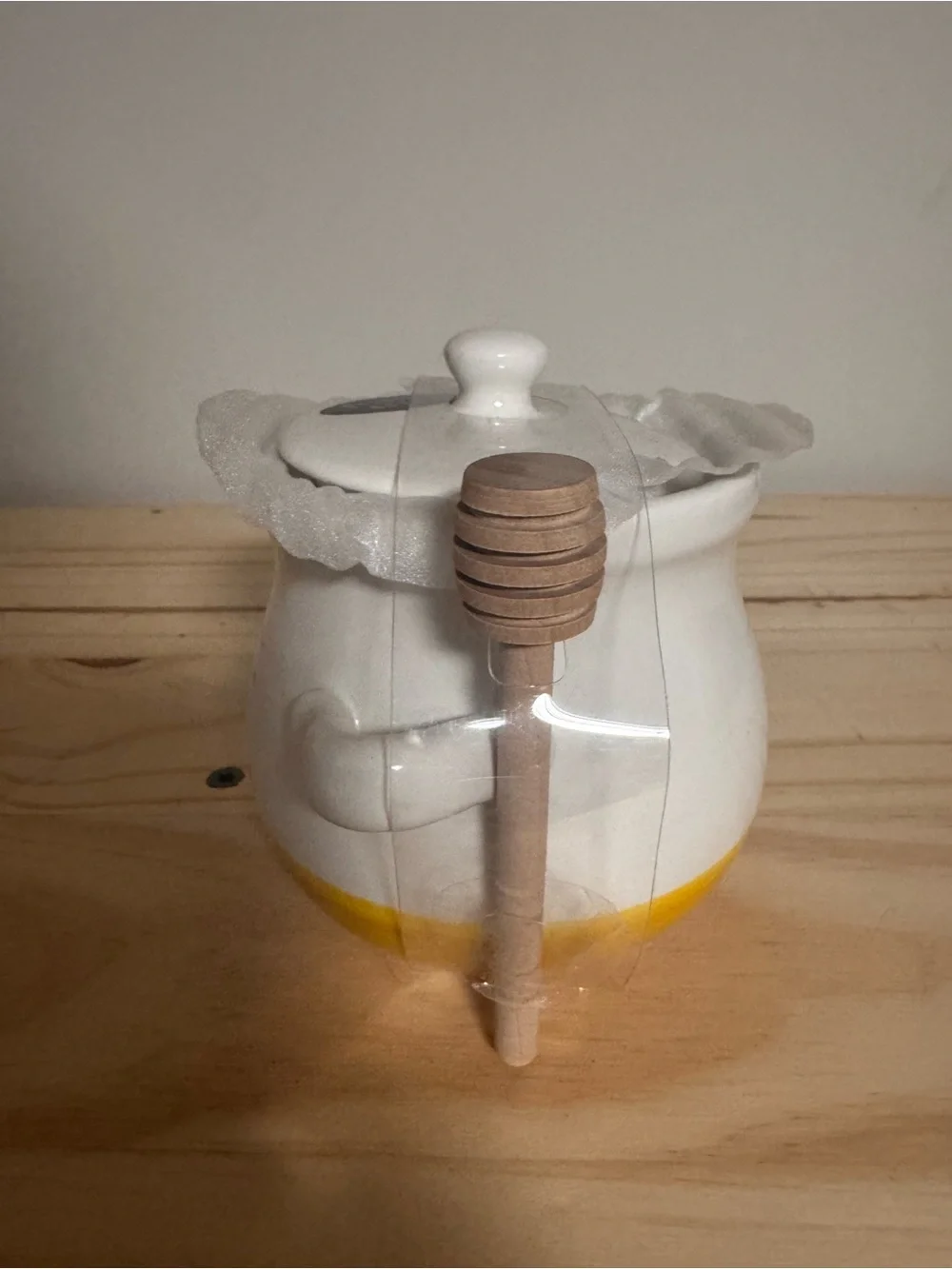 Hand-Painted Ceramic Honey Jar with Lid & Dipper — White with Yellow Accent